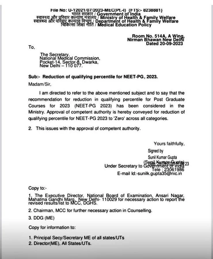 NEET-PG 2023 cutoff reduced to zero by Ministry of Health and Family Welfare (MoHFW) New Delhi 